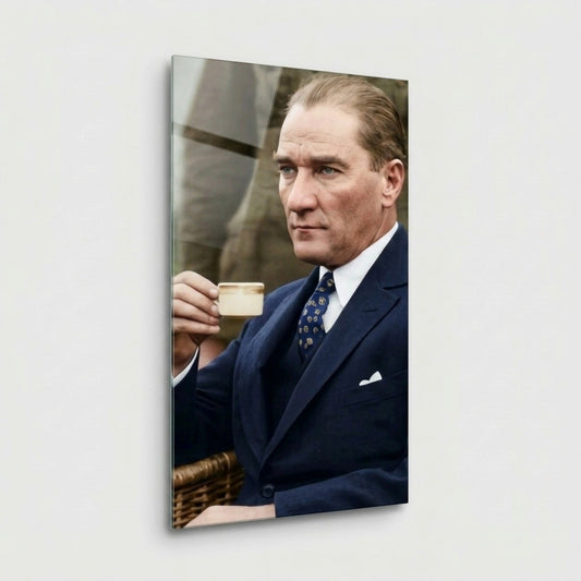 Mustafa Kemal Atatürk Kahve İçen Portresi Dikey Cam Tablo