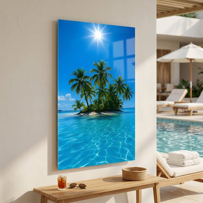 Tropik Palmiye Adası Turkuaz Deniz Dikey Cam Tablo
