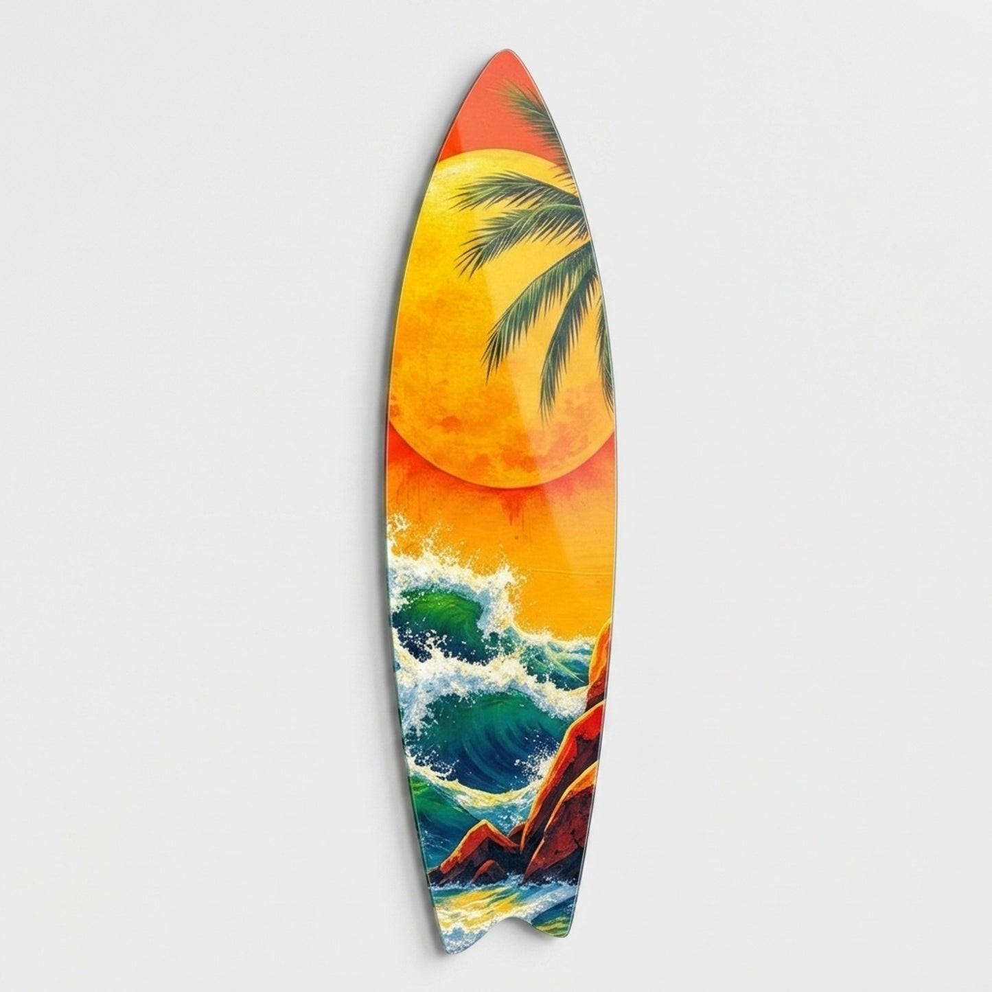 Tropik Dalgalı Deniz Gün Batımı Surf Board Cam Tablo