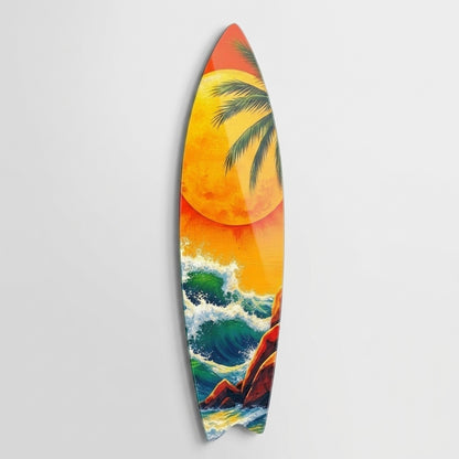 Tropik Dalgalı Deniz Gün Batımı Surf Board Cam Tablo
