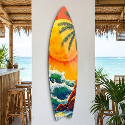 Tropik Dalgalı Deniz Gün Batımı Surf Board Cam Tablo