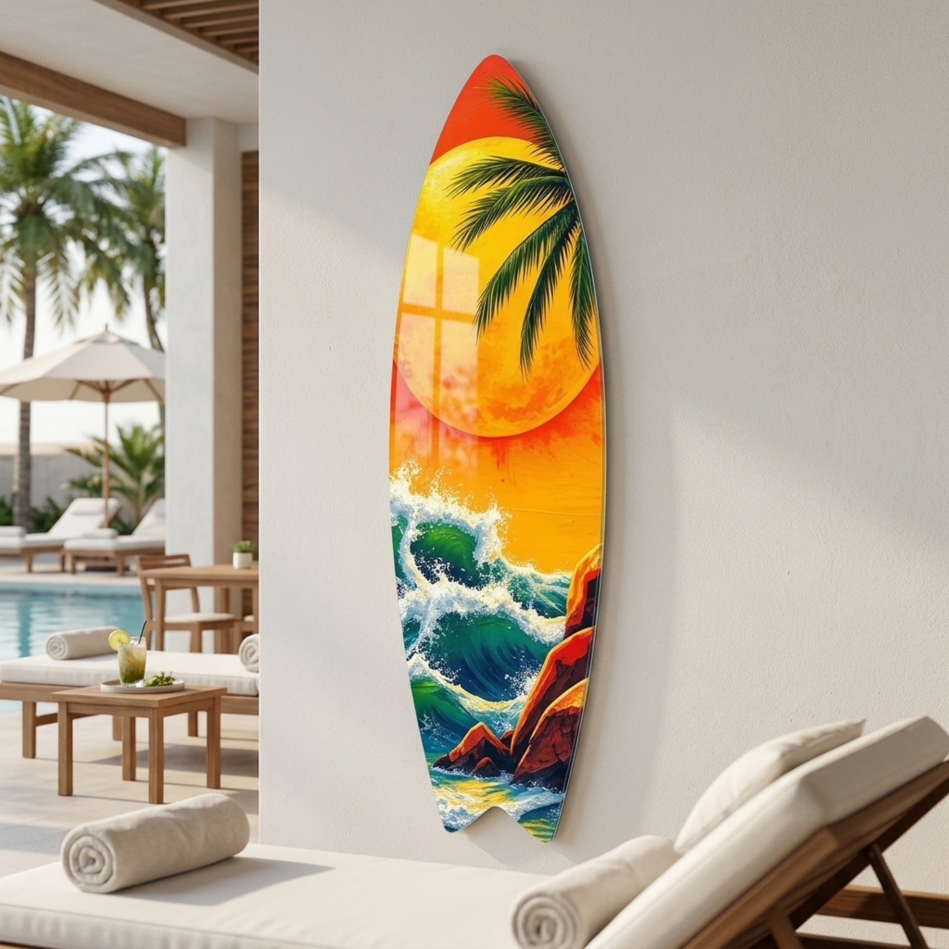 Tropik Dalgalı Deniz Gün Batımı Surf Board Cam Tablo