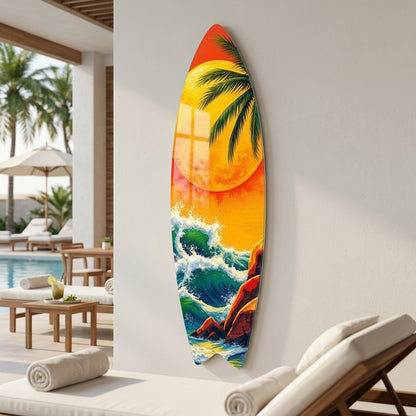 Tropik Dalgalı Deniz Gün Batımı Surf Board Cam Tablo