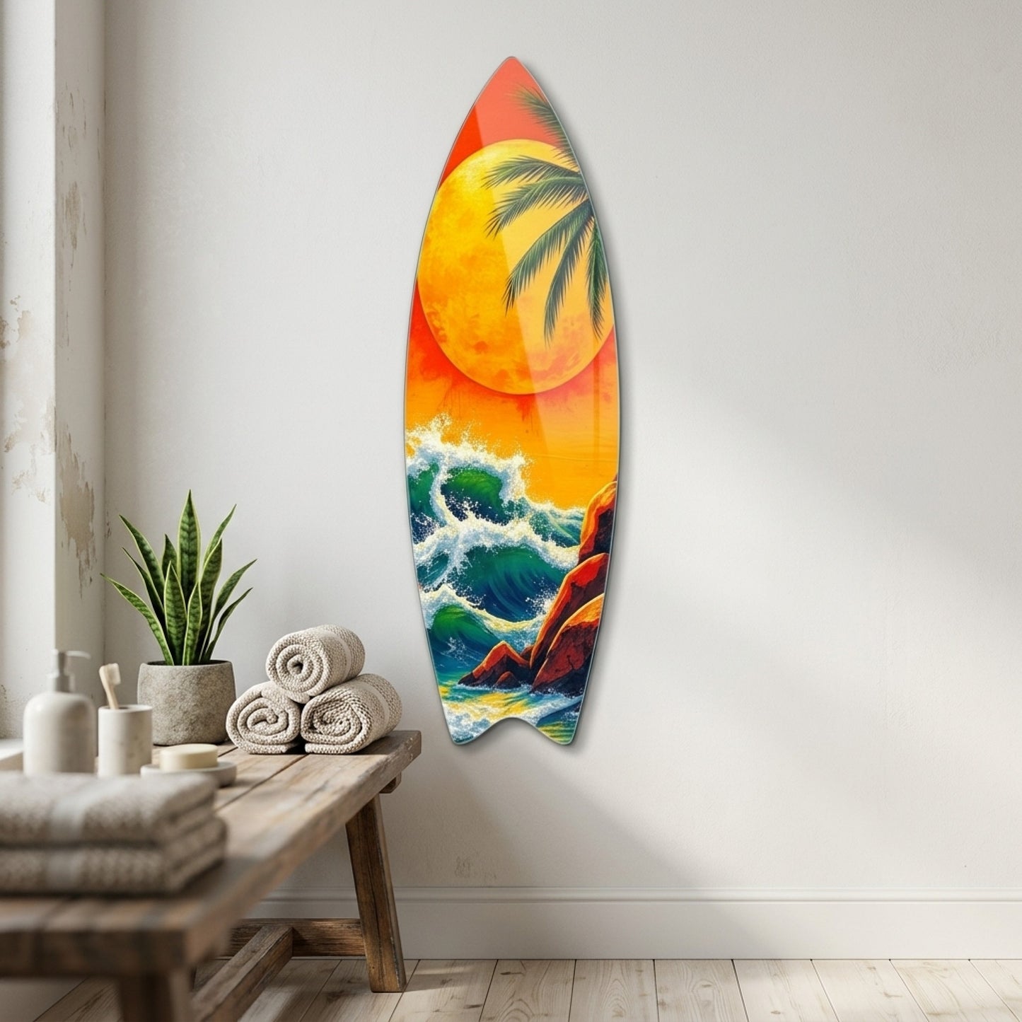 Tropik Dalgalı Deniz Gün Batımı Surf Board Cam Tablo