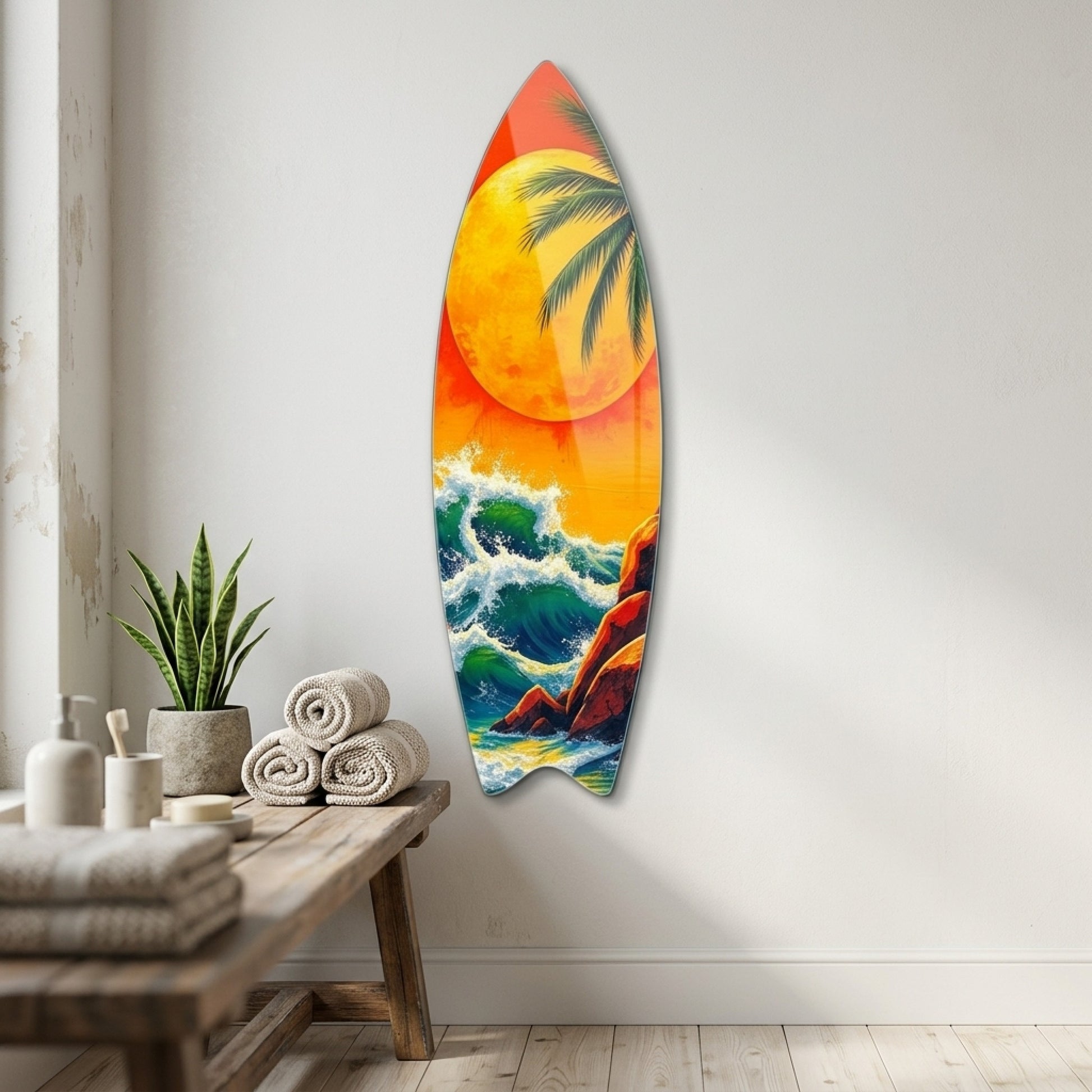 Tropik Dalgalı Deniz Gün Batımı Surf Board Cam Tablo