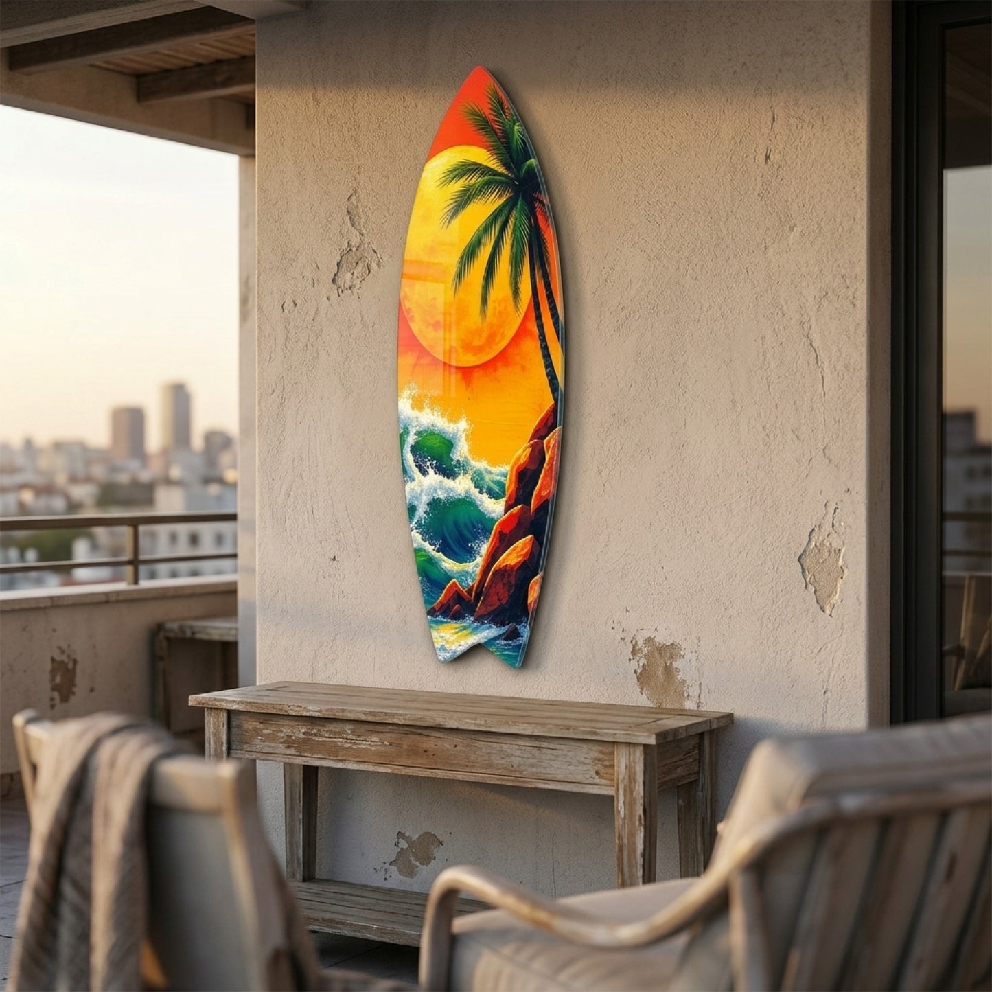 Tropik Dalgalı Deniz Gün Batımı Surf Board Cam Tablo