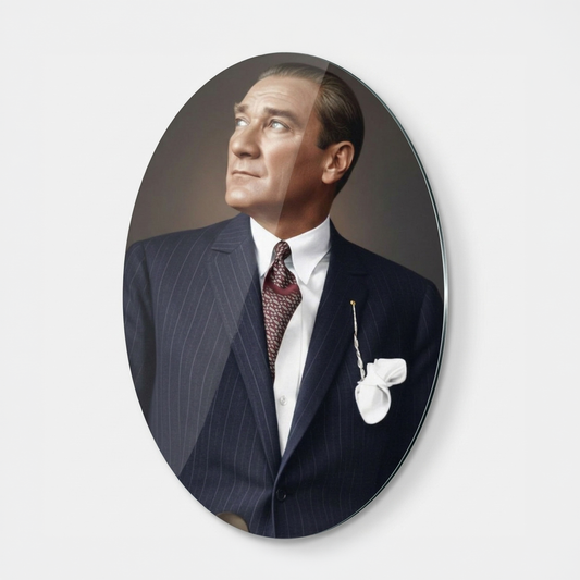 Mustafa Kemal Atatürk Karizmatik Portre Oval Dikey Cam Tablo