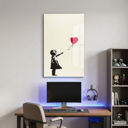 Banksy Kırmızı Kalp Balonlu Kız Grafiti Dikey Cam Tablo
