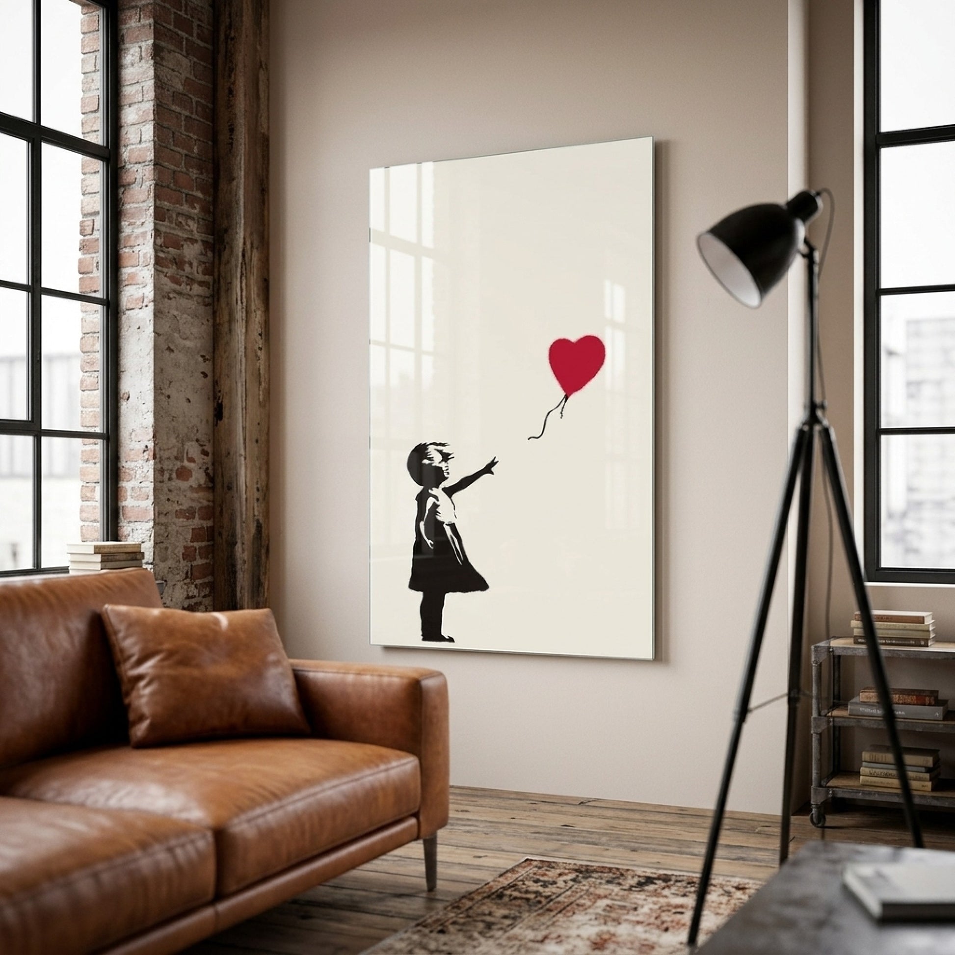 Banksy Kırmızı Kalp Balonlu Kız Grafiti Dikey Cam Tablo