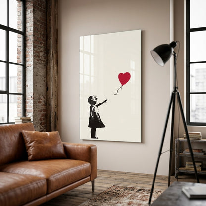Banksy Kırmızı Kalp Balonlu Kız Grafiti Dikey Cam Tablo