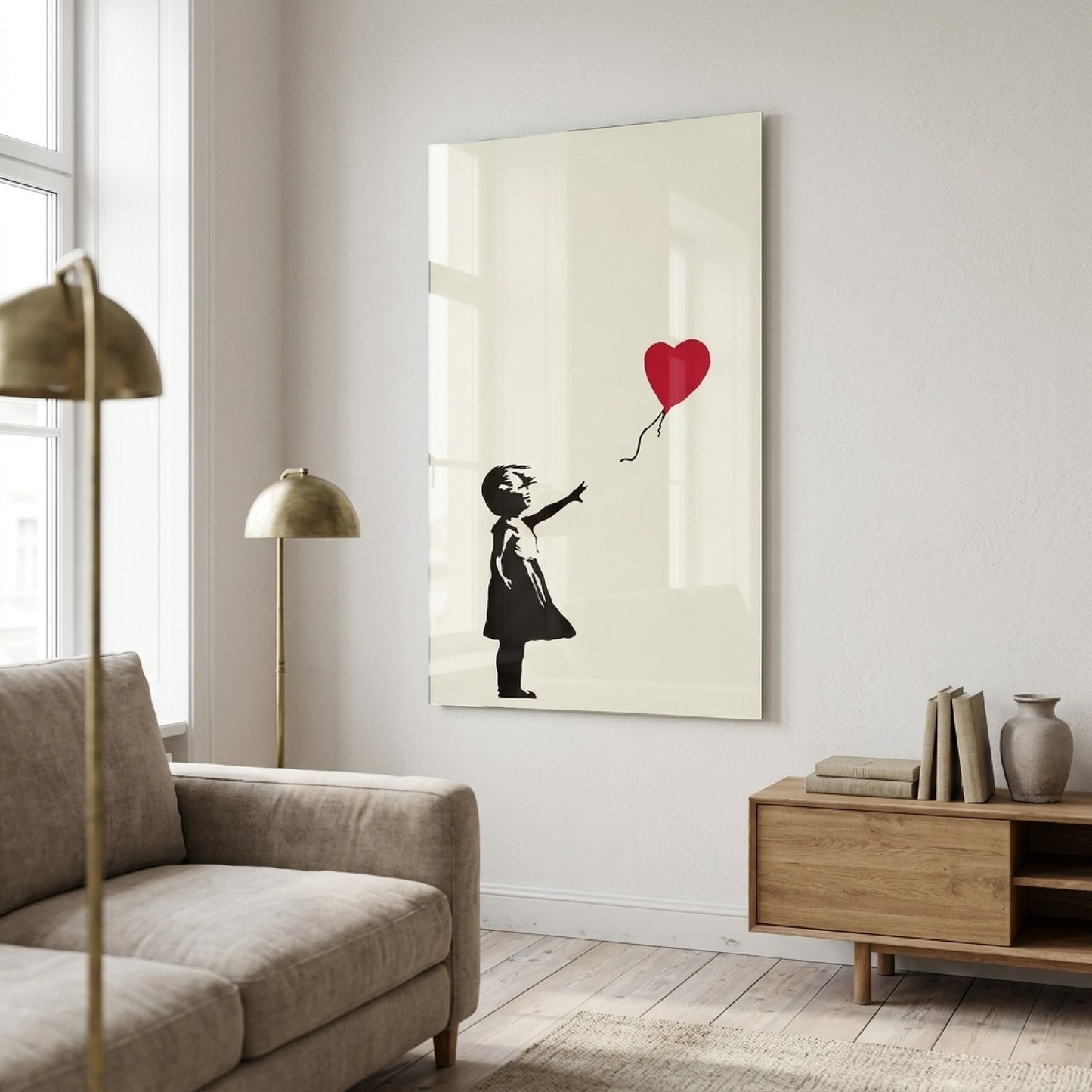 Banksy Kırmızı Kalp Balonlu Kız Grafiti Dikey Cam Tablo
