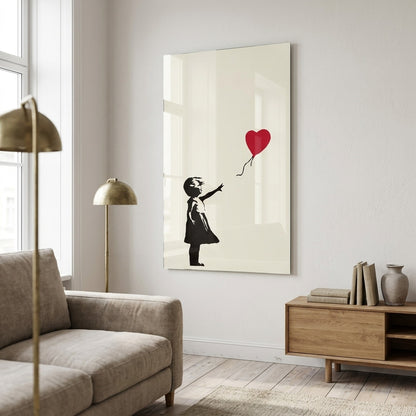 Banksy Kırmızı Kalp Balonlu Kız Grafiti Dikey Cam Tablo