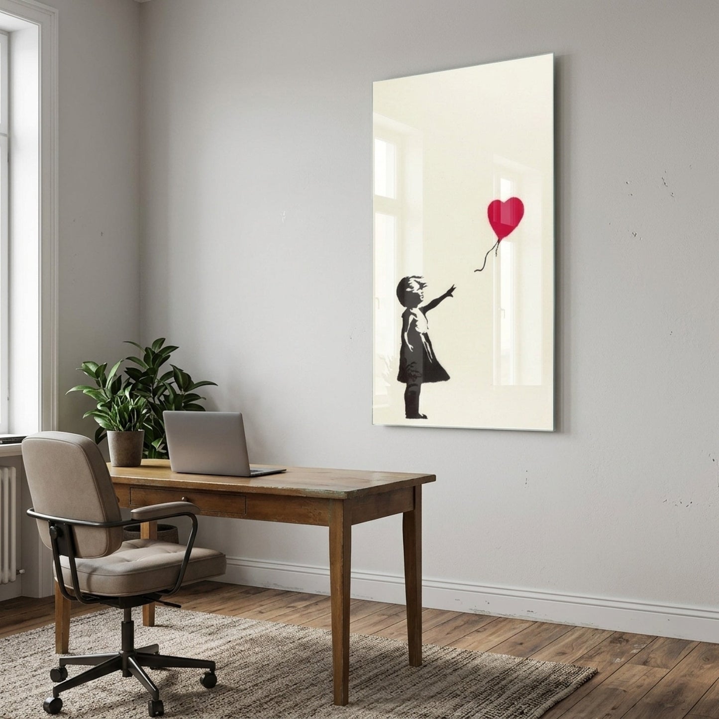Banksy Kırmızı Kalp Balonlu Kız Grafiti Dikey Cam Tablo