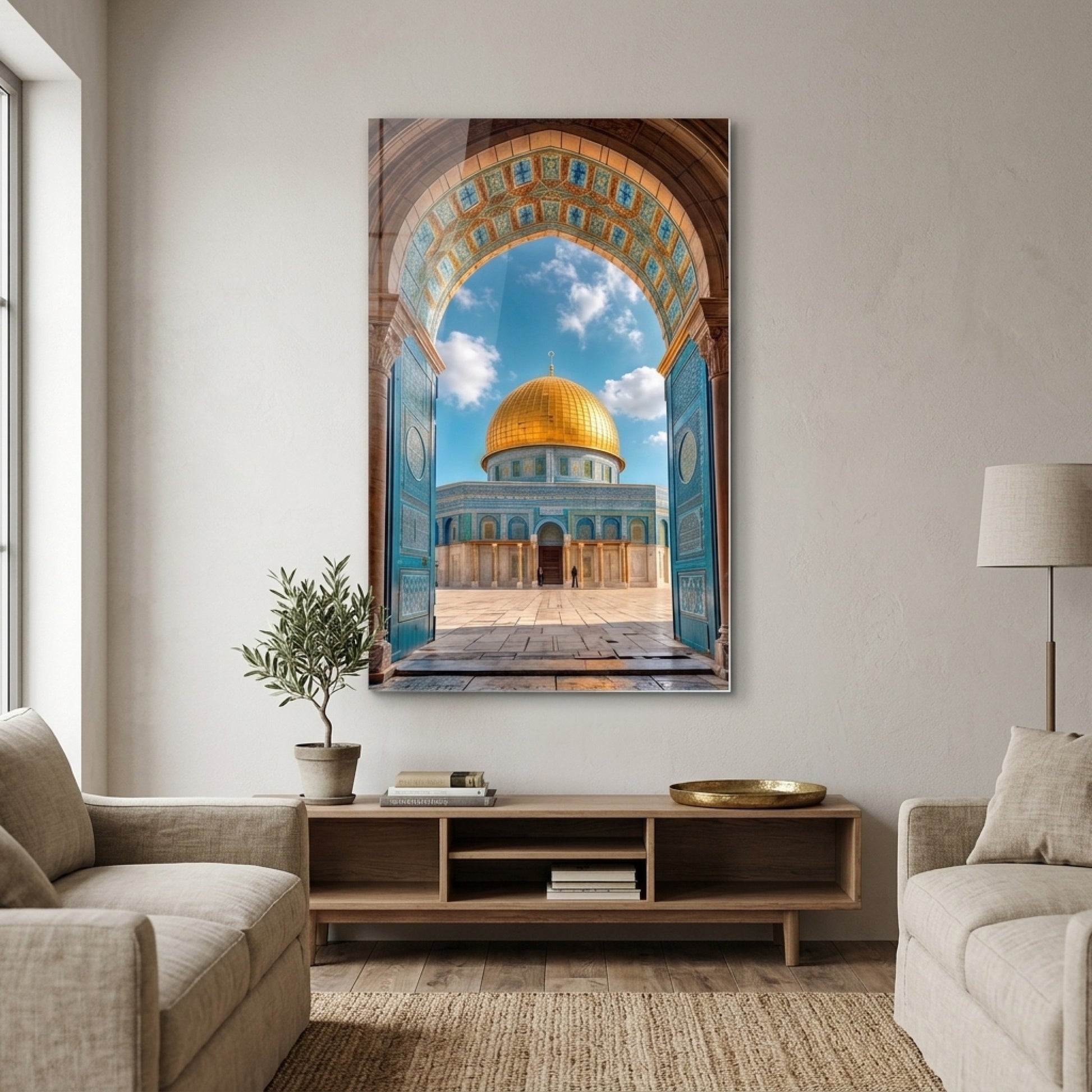Kudüs Kubbetüs Sahra Altın Kubbeli Cami Mimarisi Dikey Cam Tablo