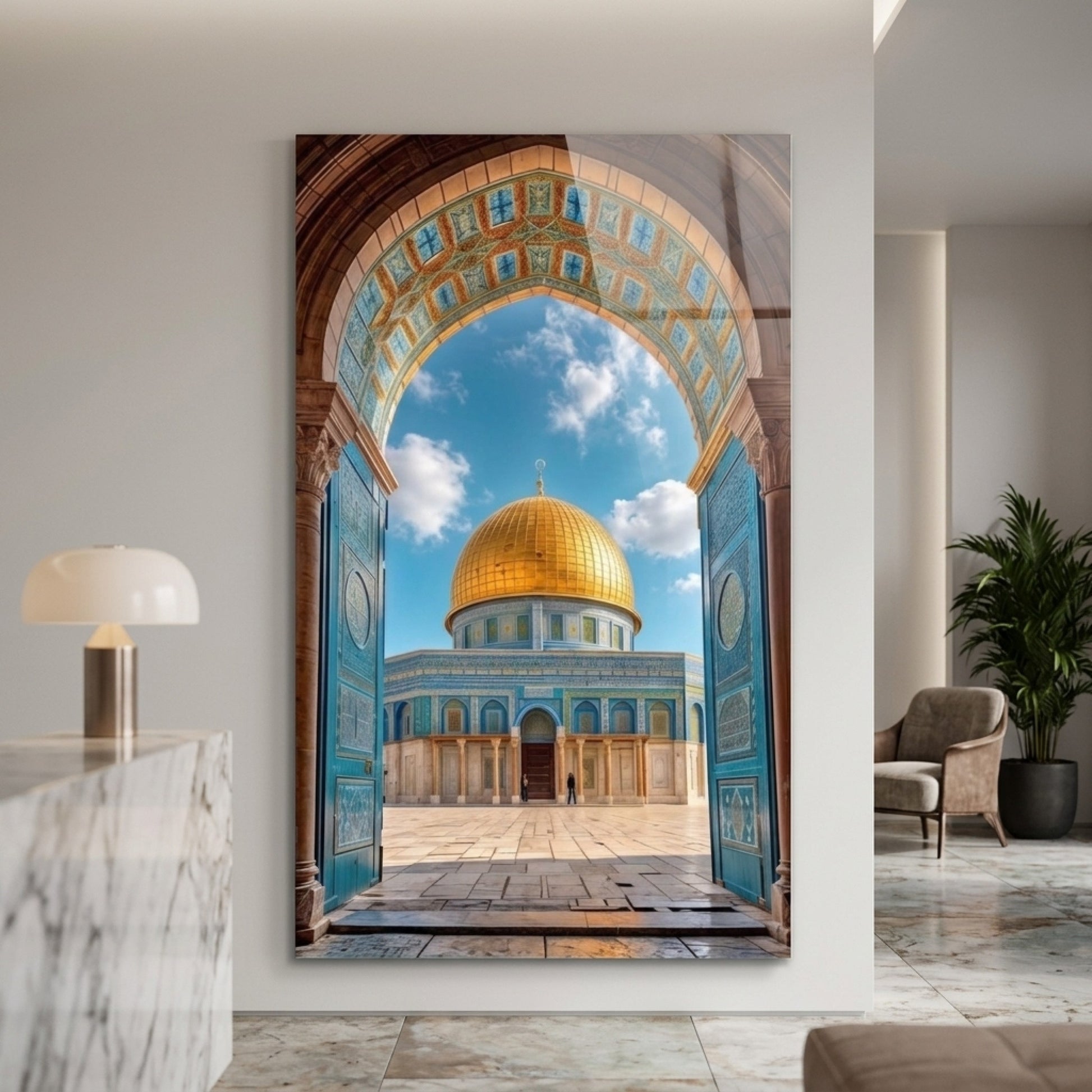 Kudüs Kubbetüs Sahra Altın Kubbeli Cami Mimarisi Dikey Cam Tablo