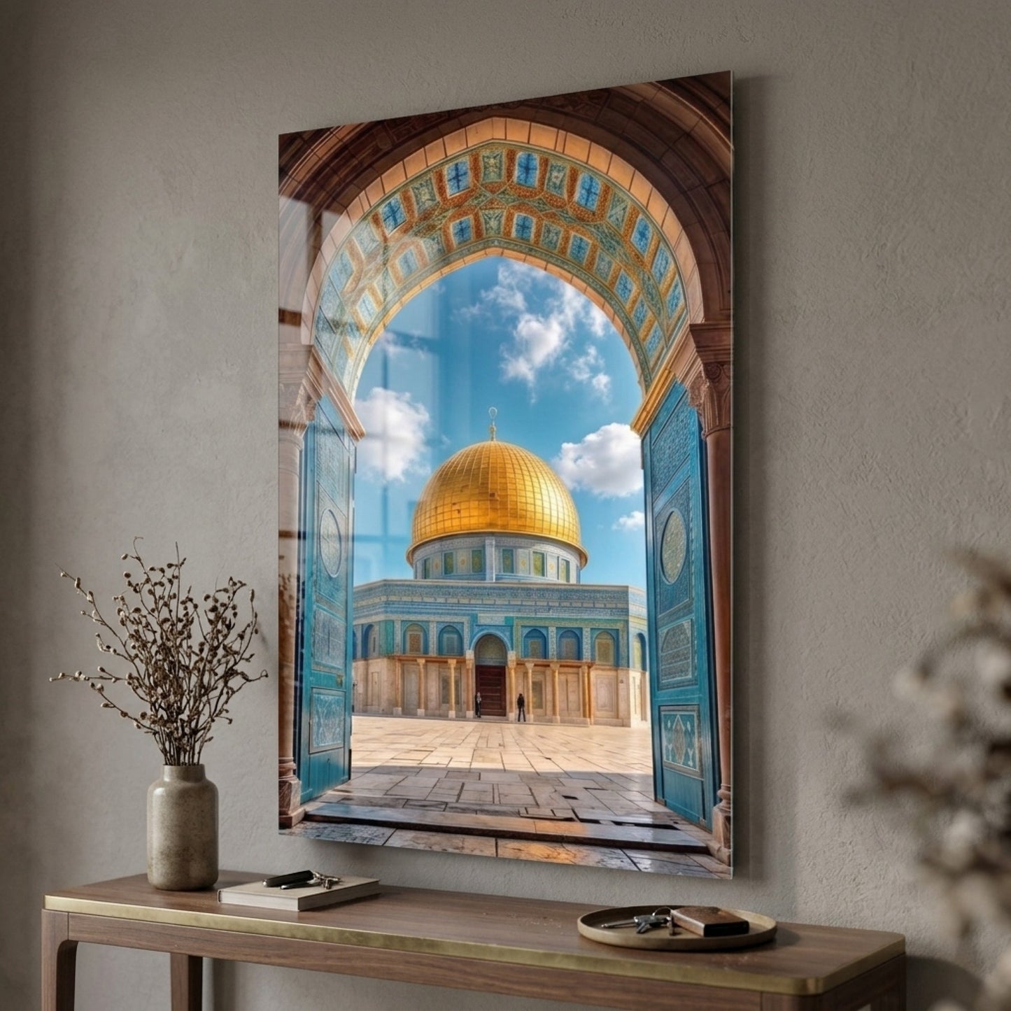 Kudüs Kubbetüs Sahra Altın Kubbeli Cami Mimarisi Dikey Cam Tablo