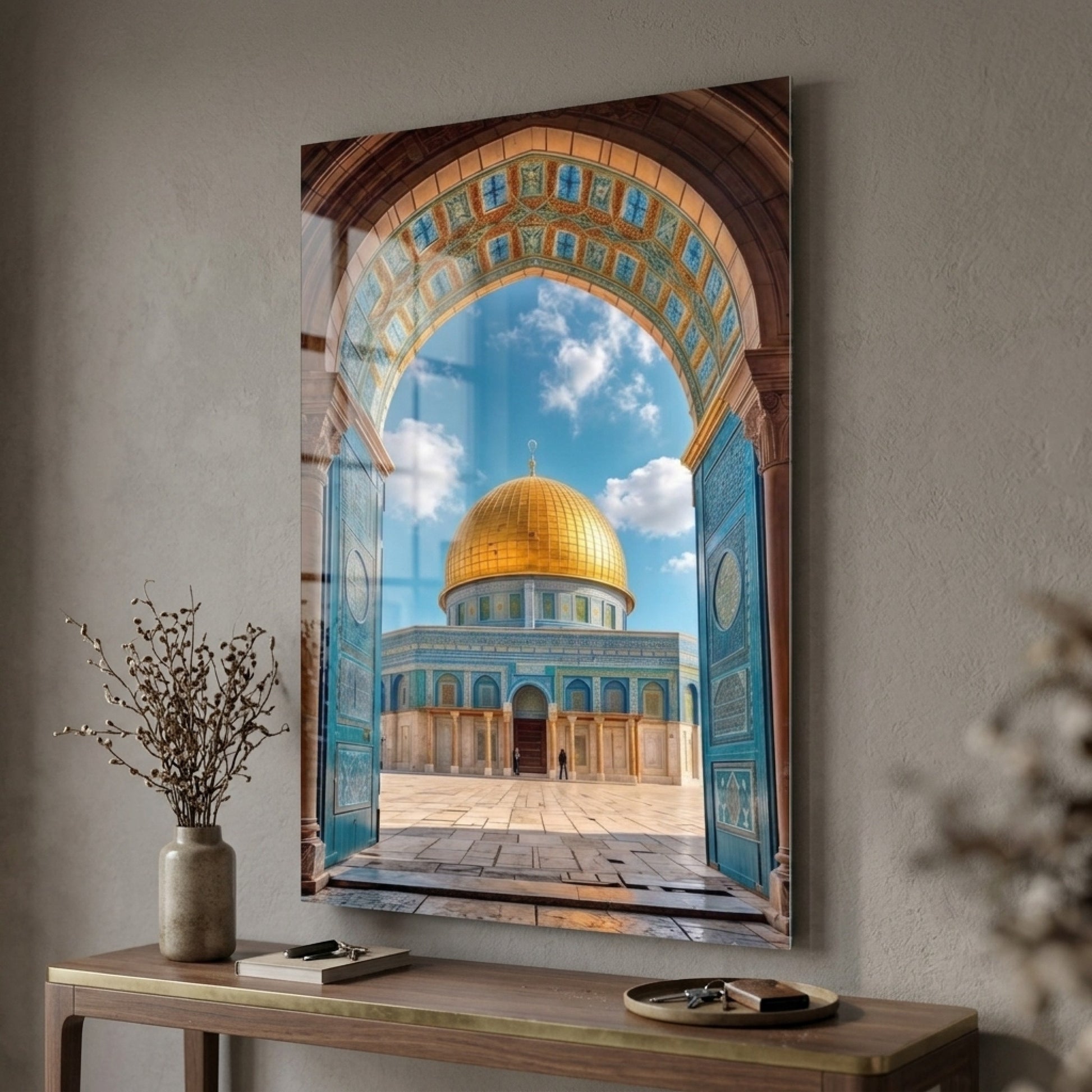 Kudüs Kubbetüs Sahra Altın Kubbeli Cami Mimarisi Dikey Cam Tablo