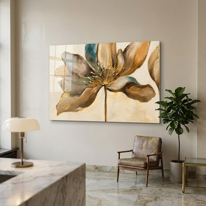 Soyut Çiçek Altın Kontür Yatay Cam Tablo