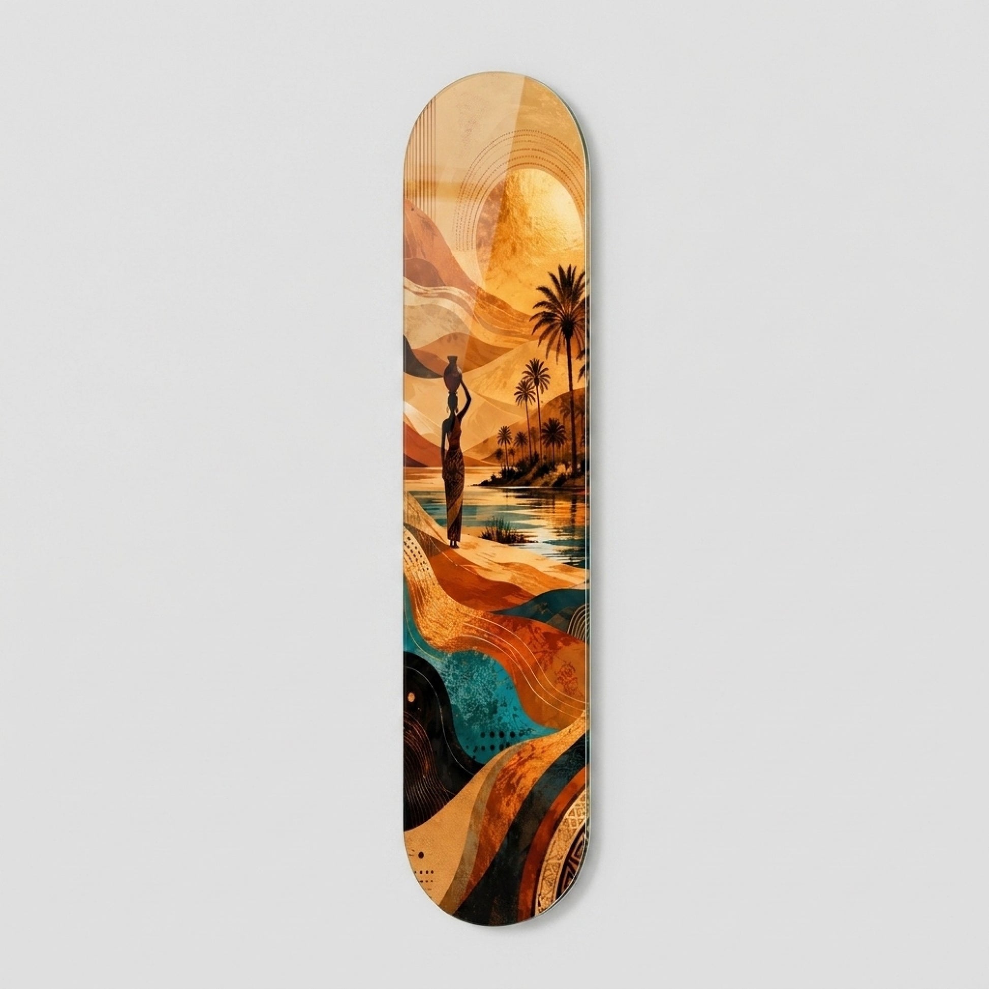 Etnik Desenli Afrika Vahası Manzarası Skate Board Cam Tablo