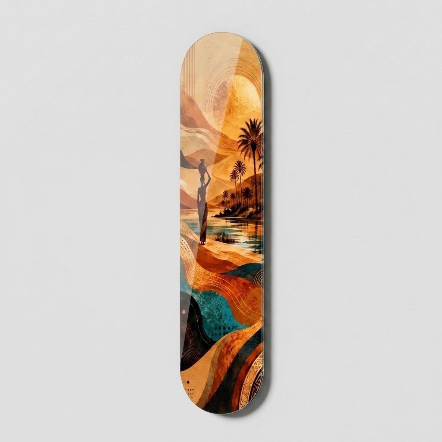 Etnik Desenli Afrika Vahası Manzarası Skate Board Cam Tablo