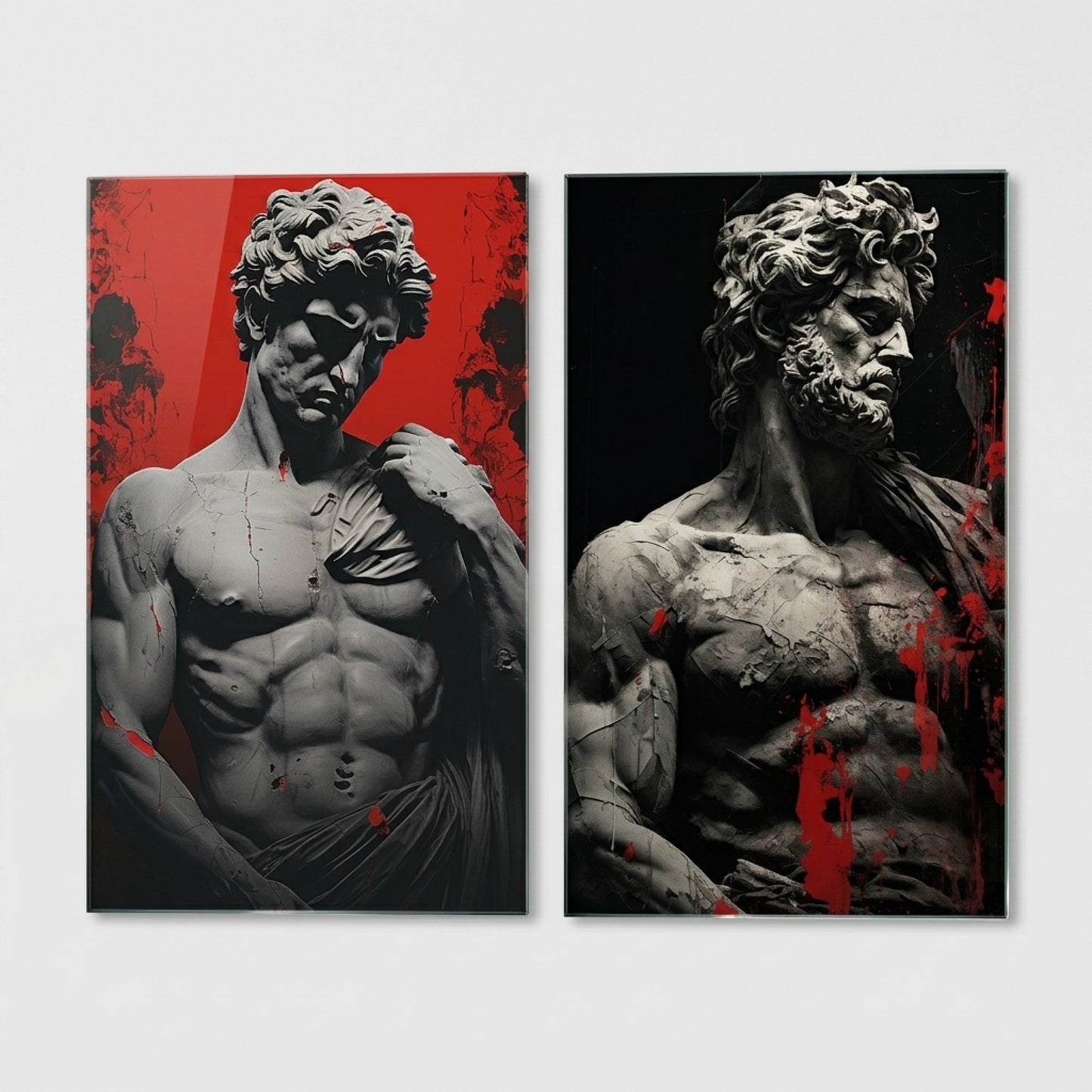 Antik Heykel Soyut Kırmızı Sanat Dikey 2'li Set Cam Tablo
