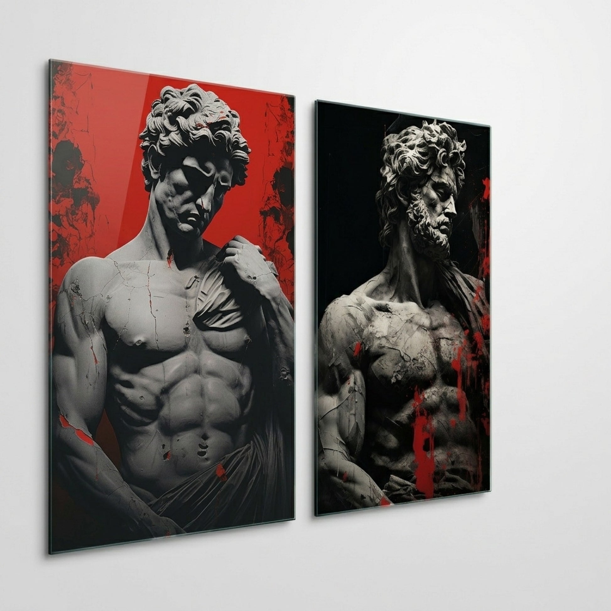 Antik Heykel Soyut Kırmızı Sanat Dikey 2'li Set Cam Tablo