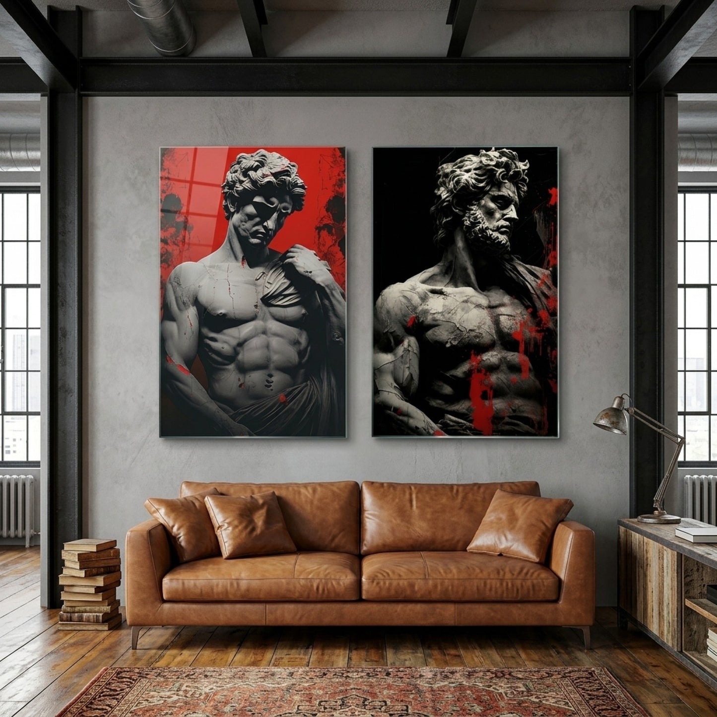 Antik Heykel Soyut Kırmızı Sanat Dikey 2'li Set Cam Tablo