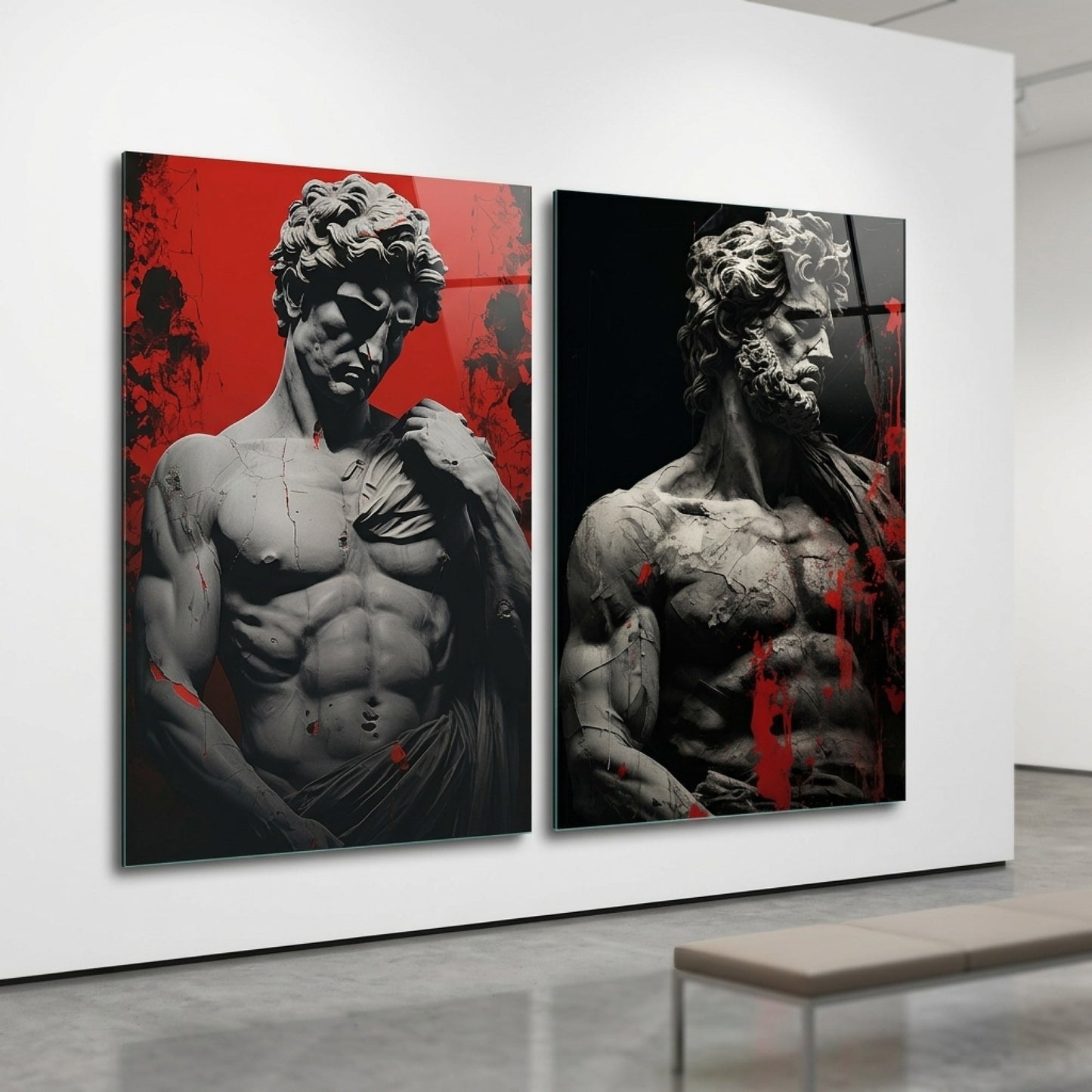 Antik Heykel Soyut Kırmızı Sanat Dikey 2'li Set Cam Tablo