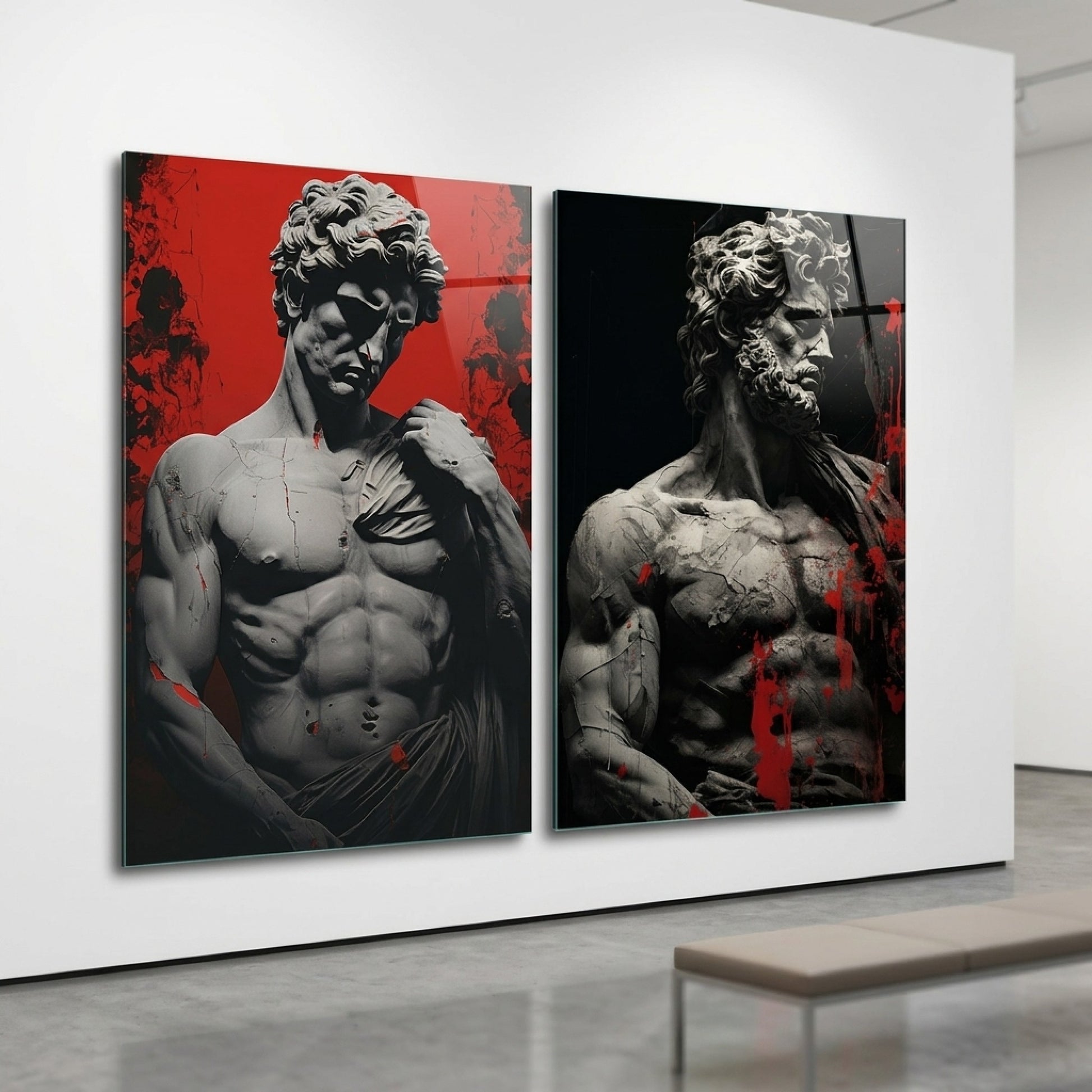 Antik Heykel Soyut Kırmızı Sanat Dikey 2'li Set Cam Tablo
