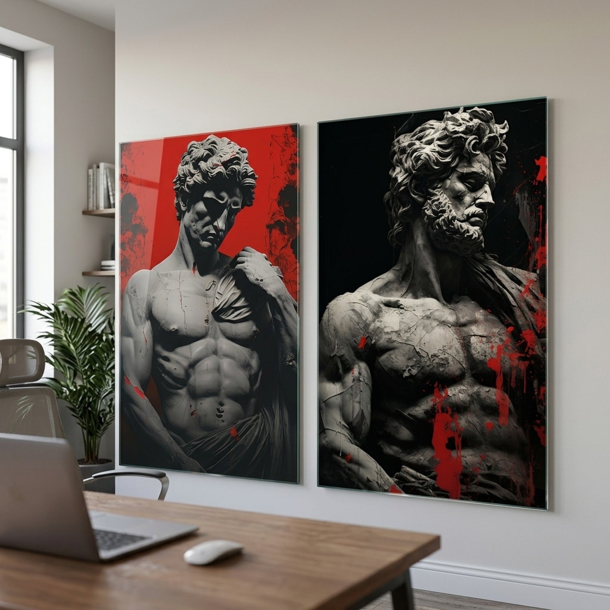 Antik Heykel Soyut Kırmızı Sanat Dikey 2'li Set Cam Tablo