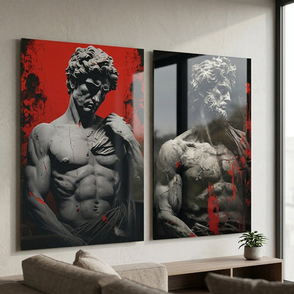 Antik Heykel Soyut Kırmızı Sanat Dikey 2'li Set Cam Tablo