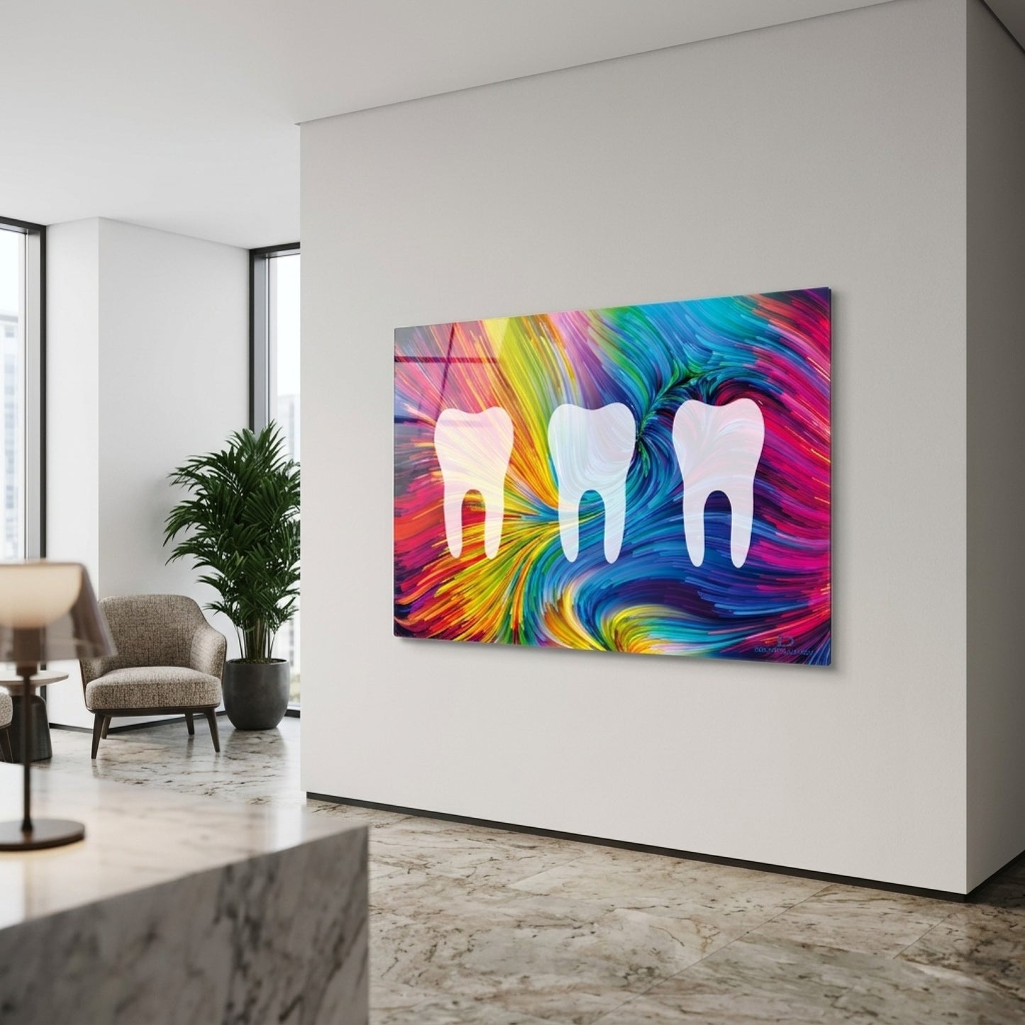 Modern Diş Hekimliği Sanatı Renkli Soyut Desenli Yatay Cam Tablo