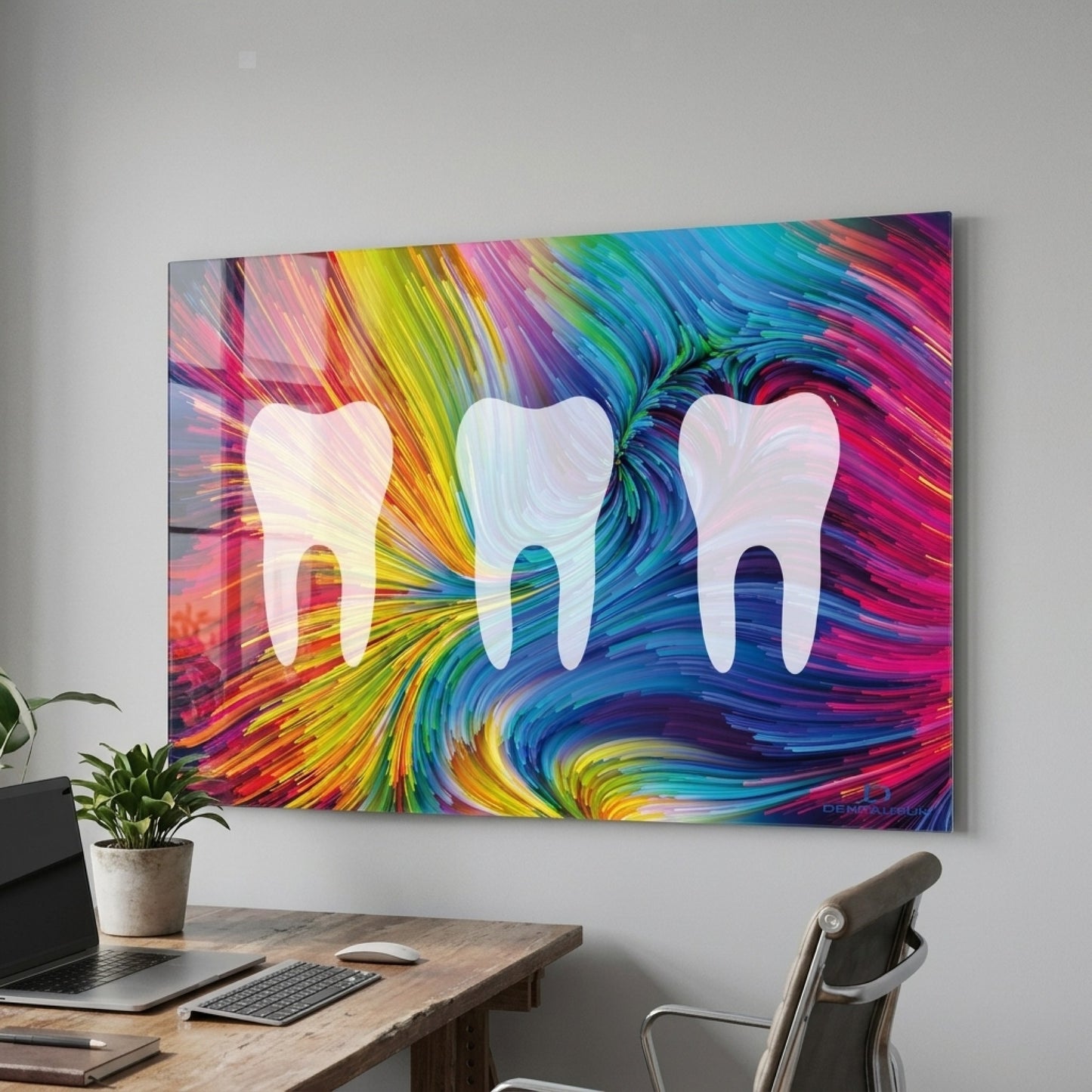 Modern Diş Hekimliği Sanatı Renkli Soyut Desenli Yatay Cam Tablo