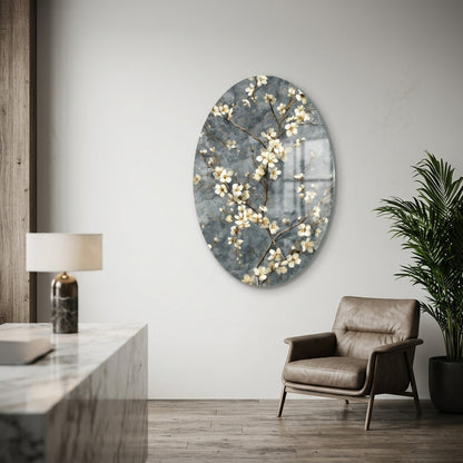 Gri Beton Beyaz Çiçek Dalı Oval Dikey Cam Tablo
