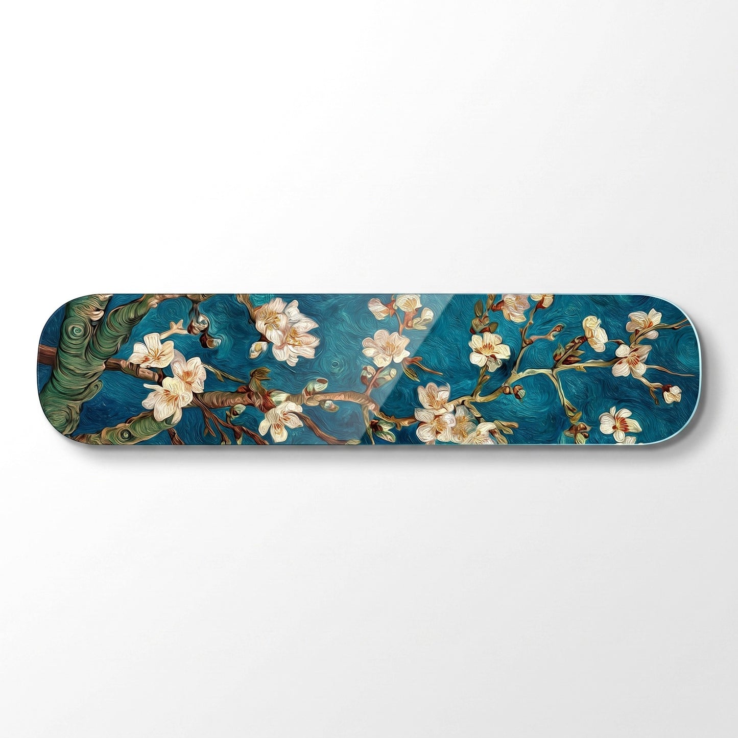 Van Gogh Badem Çiçekleri Mavi Skate Board Yatay Cam Tablo