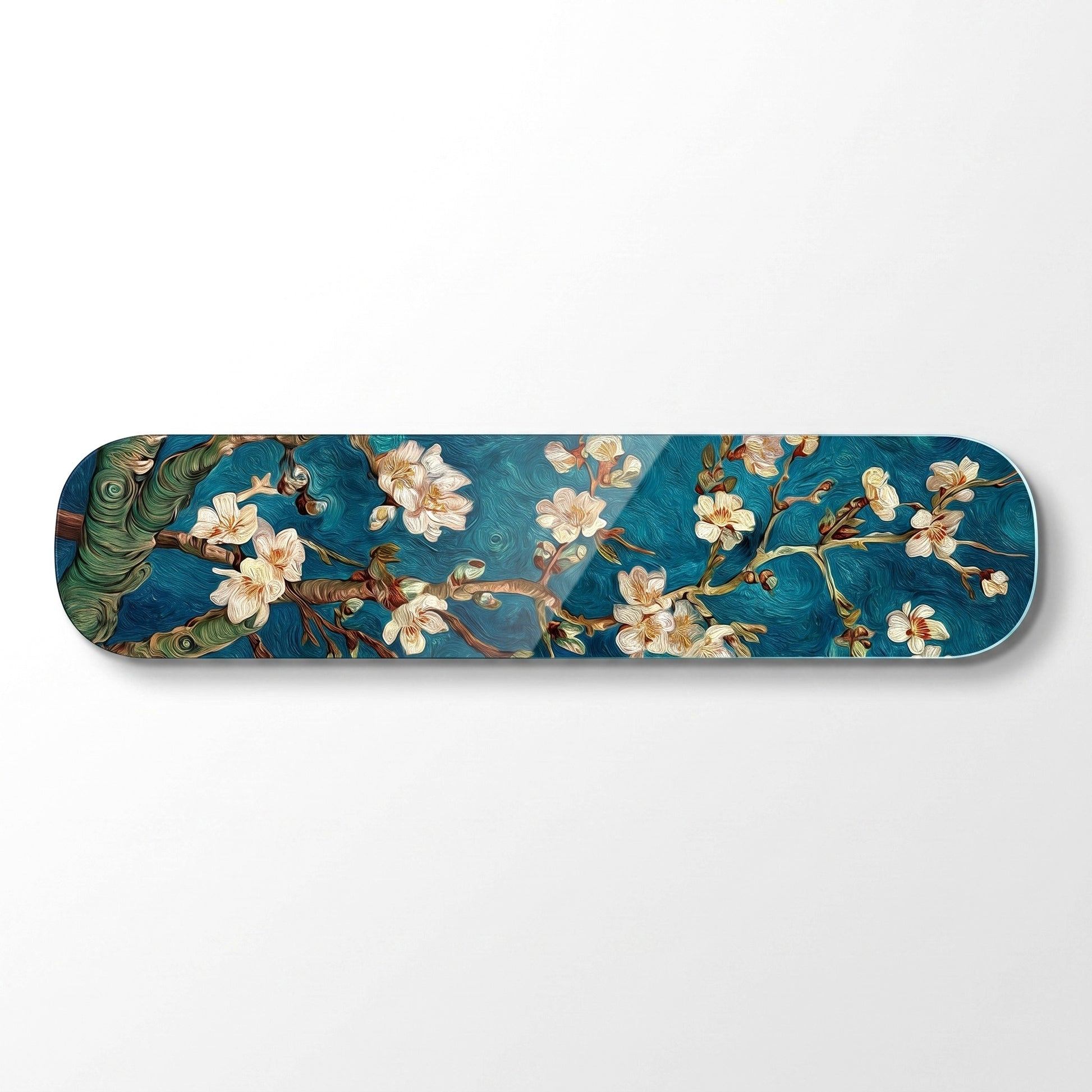 Van Gogh Badem Çiçekleri Mavi Skate Board Yatay Cam Tablo