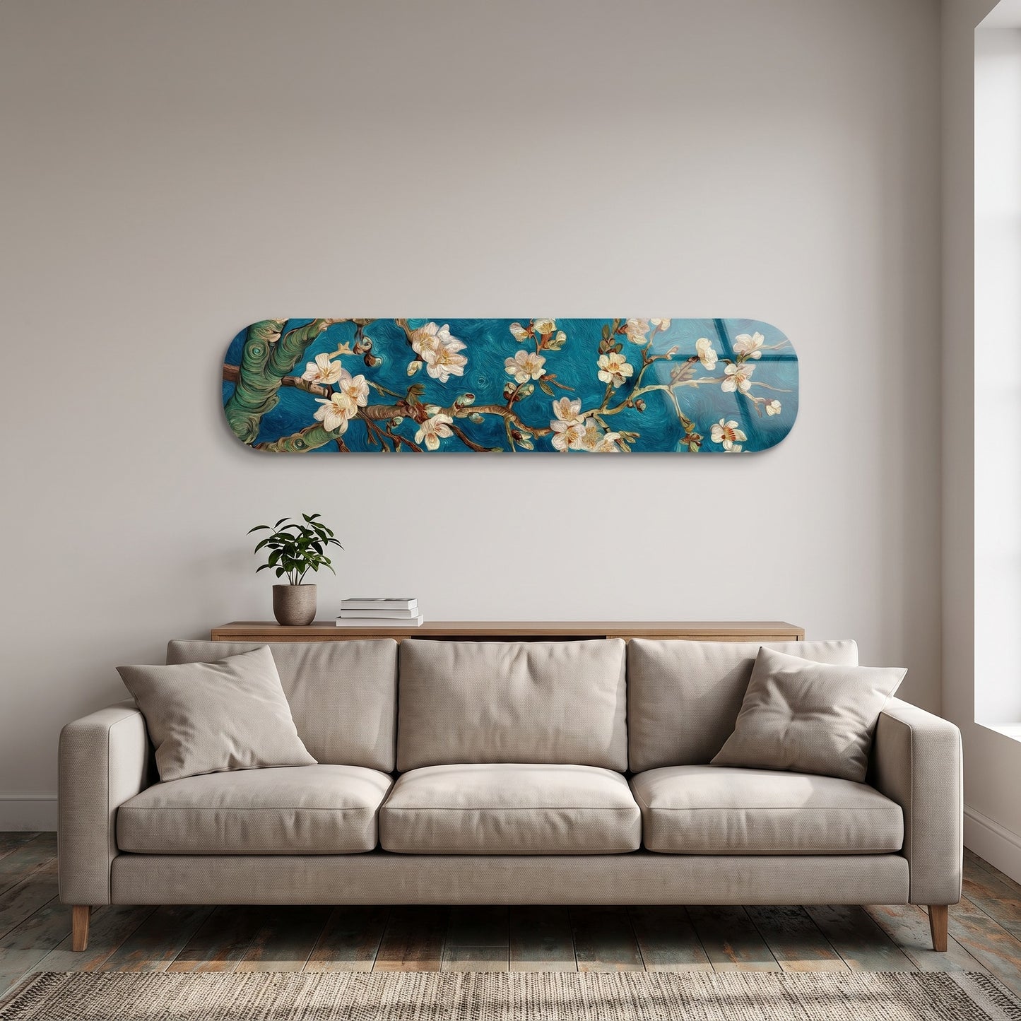 Van Gogh Badem Çiçekleri Mavi Skate Board Yatay Cam Tablo