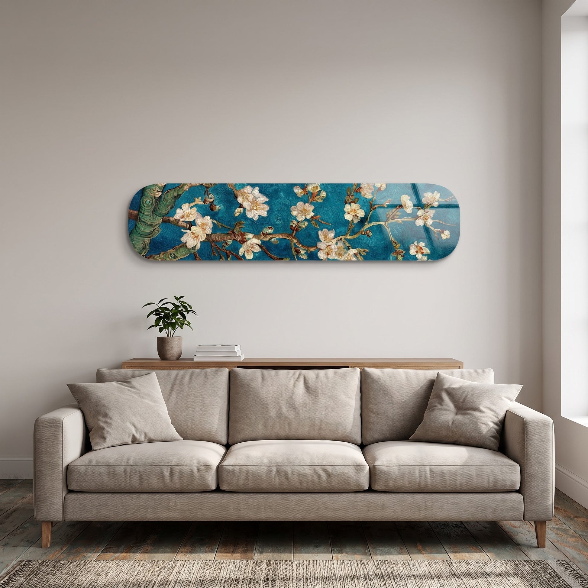 Van Gogh Badem Çiçekleri Mavi Skate Board Yatay Cam Tablo