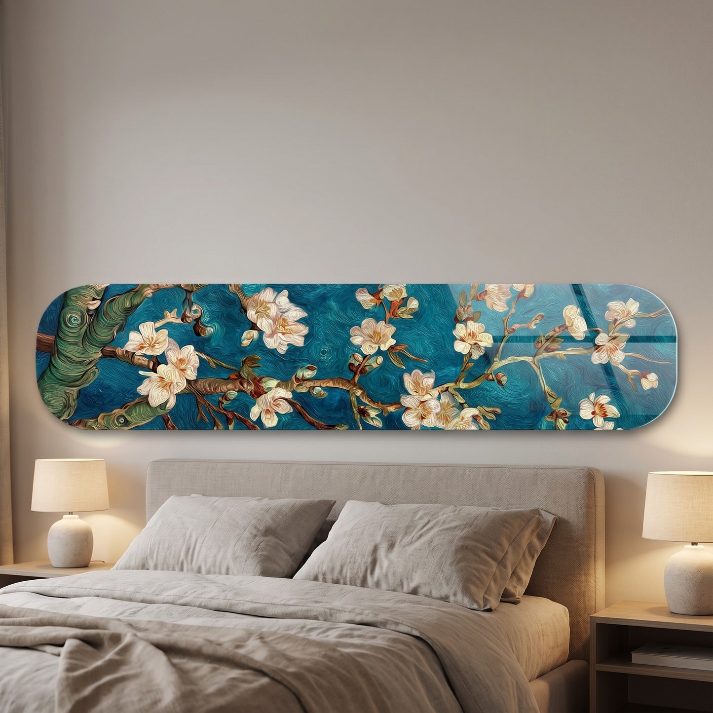 Van Gogh Badem Çiçekleri Mavi Skate Board Yatay Cam Tablo