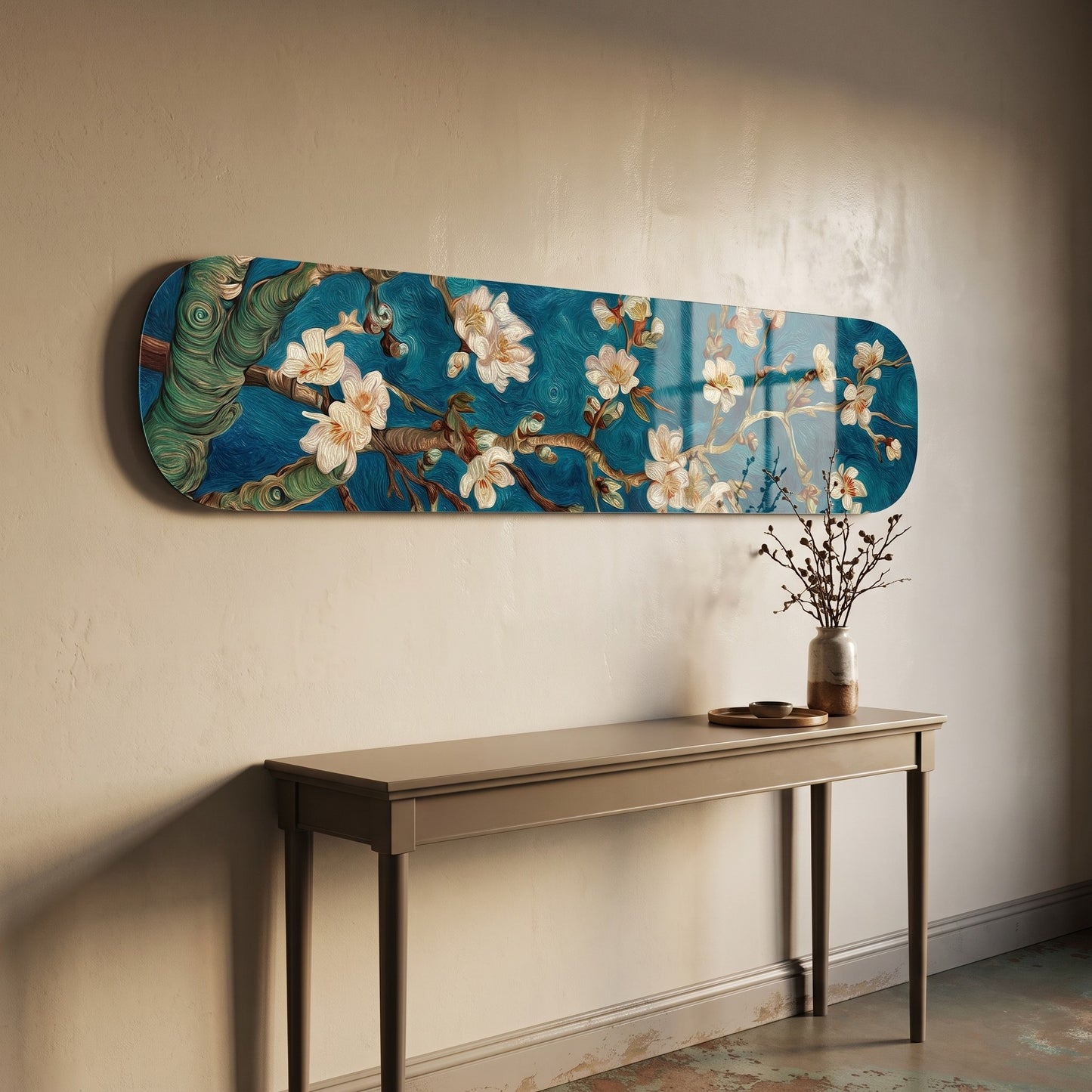 Van Gogh Badem Çiçekleri Mavi Skate Board Yatay Cam Tablo