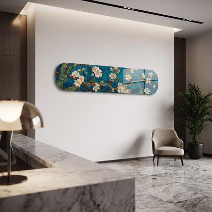 Van Gogh Badem Çiçekleri Mavi Skate Board Yatay Cam Tablo