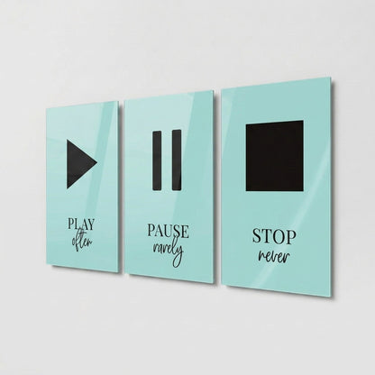 Play Pause Stop Motivasyon Seti Dikey 3'lü Set Cam Tablo