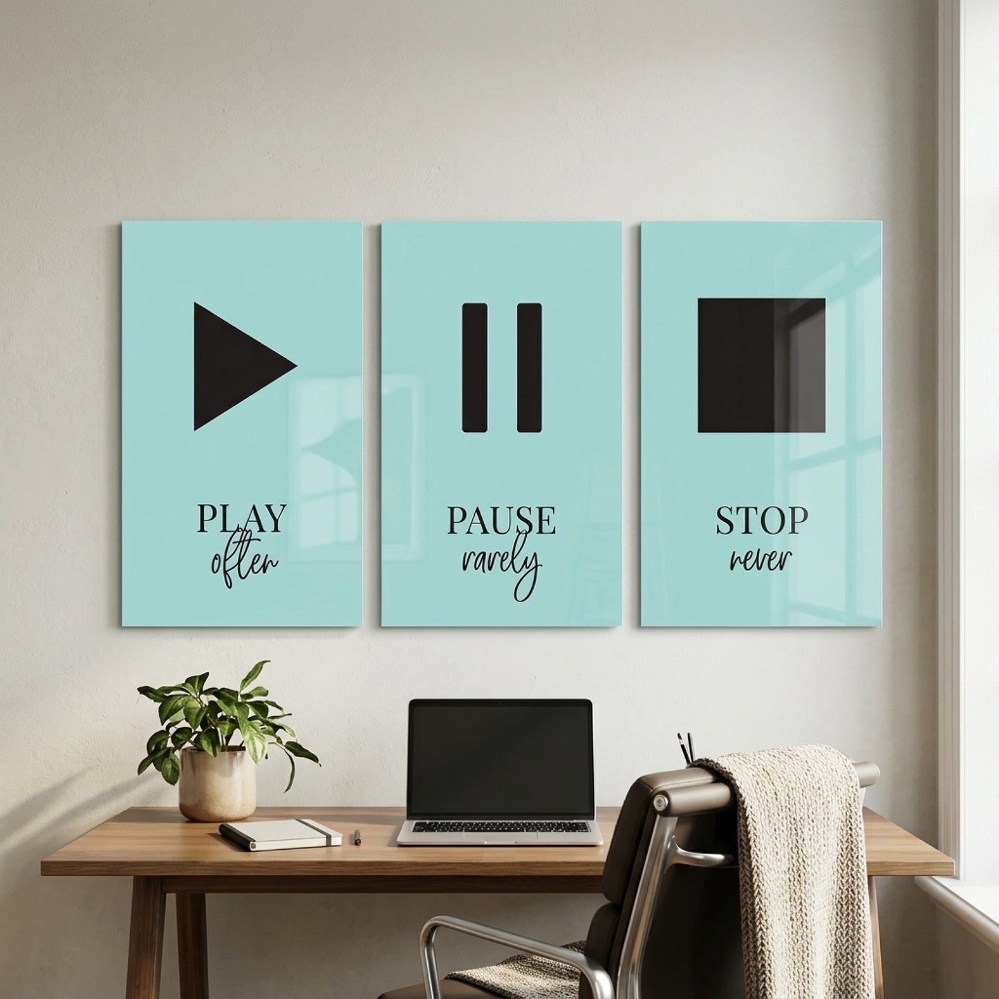 Play Pause Stop Motivasyon Seti Dikey 3'lü Set Cam Tablo