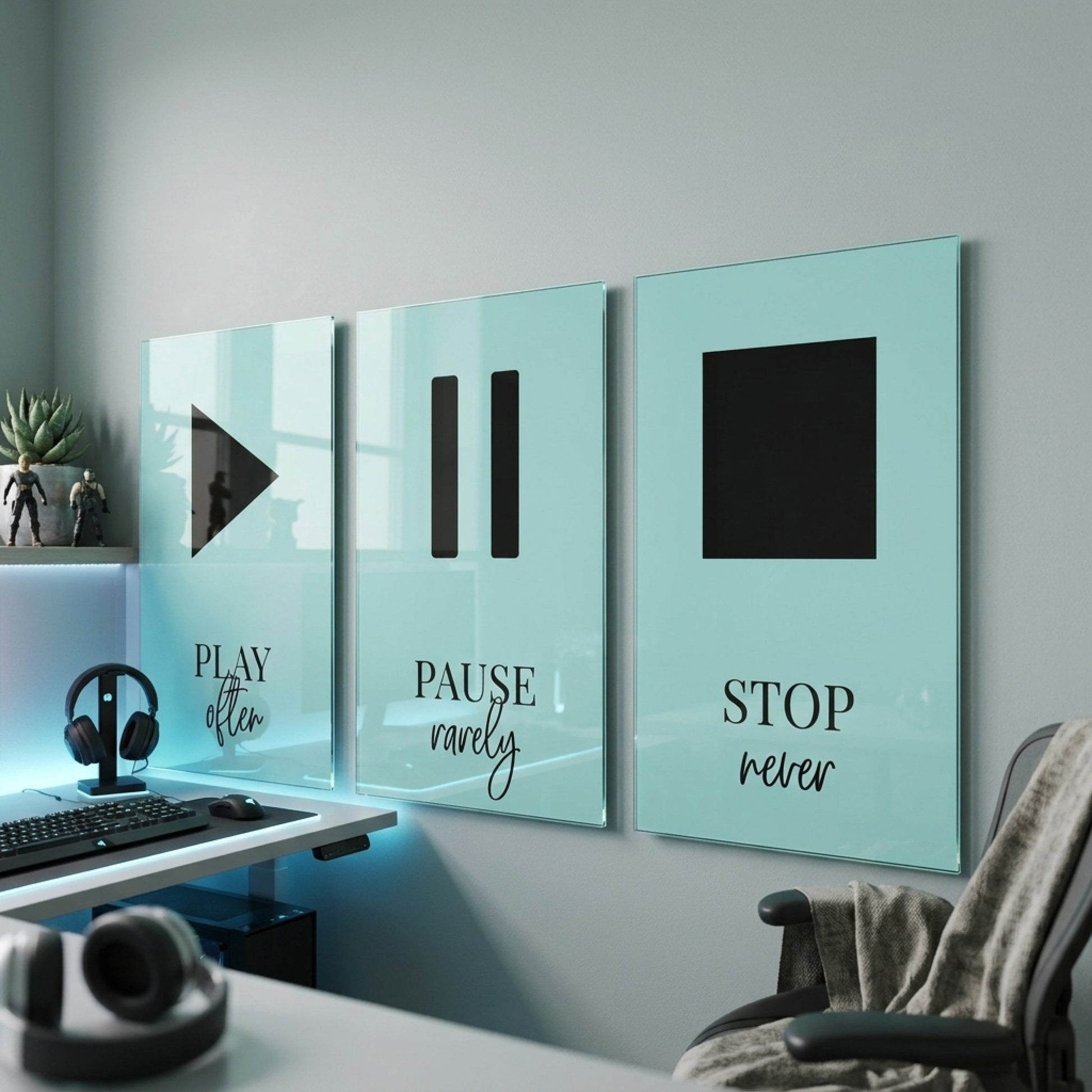 Play Pause Stop Motivasyon Seti Dikey 3'lü Set Cam Tablo