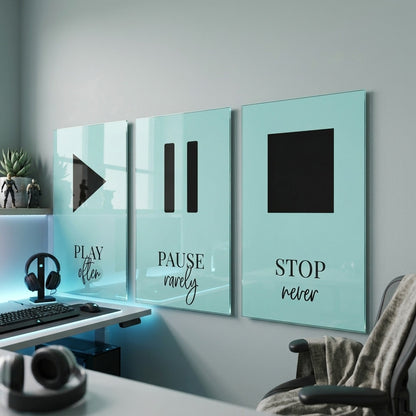 Play Pause Stop Motivasyon Seti Dikey 3'lü Set Cam Tablo