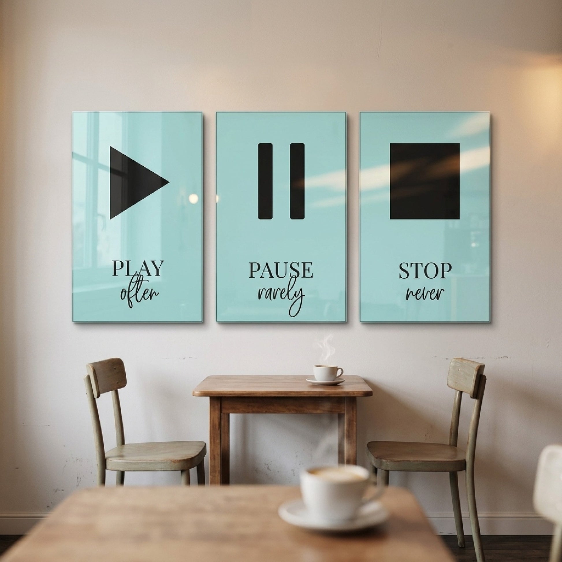 Play Pause Stop Motivasyon Seti Dikey 3'lü Set Cam Tablo