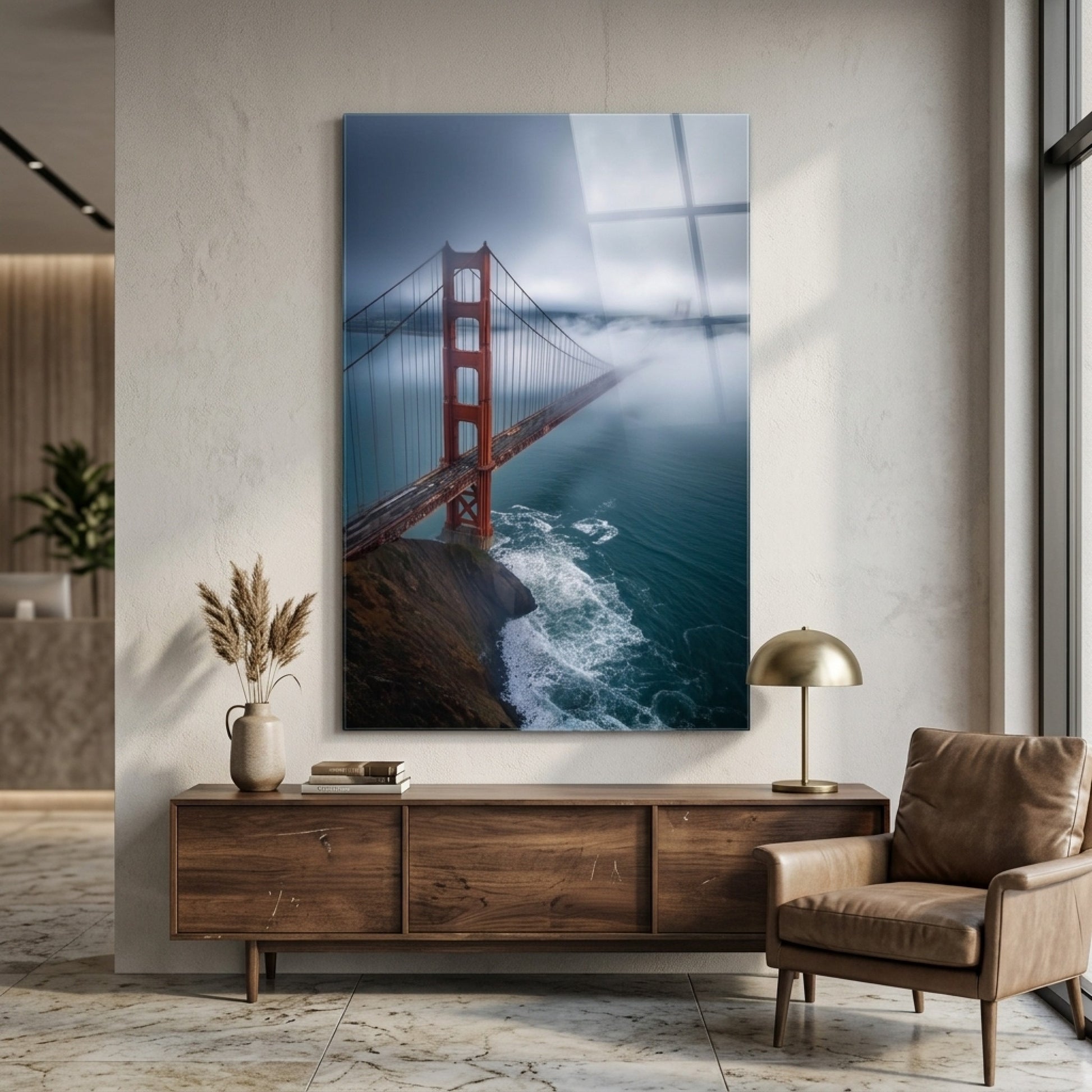 Golden Gate Köprüsü Sisli San Francisco Manzarası Dikey Cam Tablo