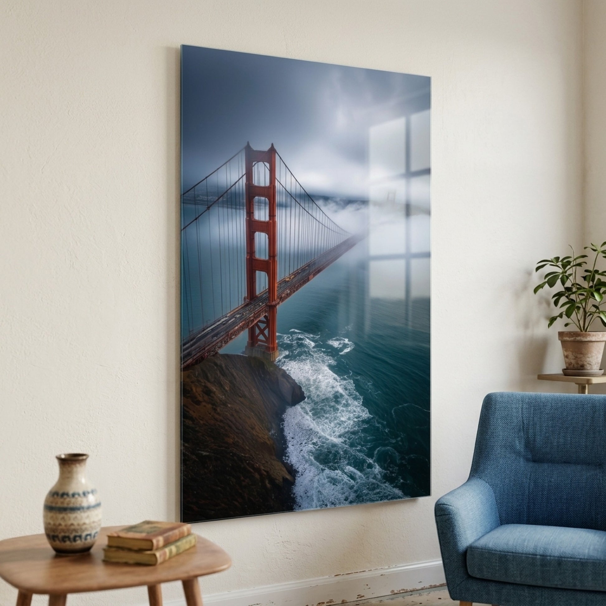 Golden Gate Köprüsü Sisli San Francisco Manzarası Dikey Cam Tablo