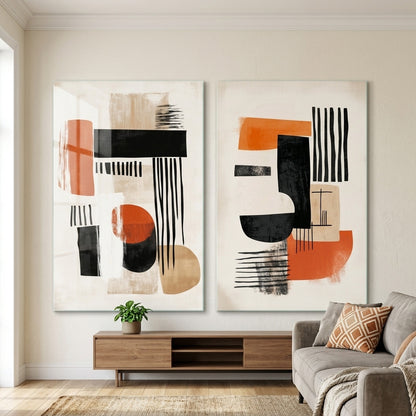 Turuncu Siyah Minimalist Modern Soyut İkili Set Dikey 2'li Set Cam Tablo