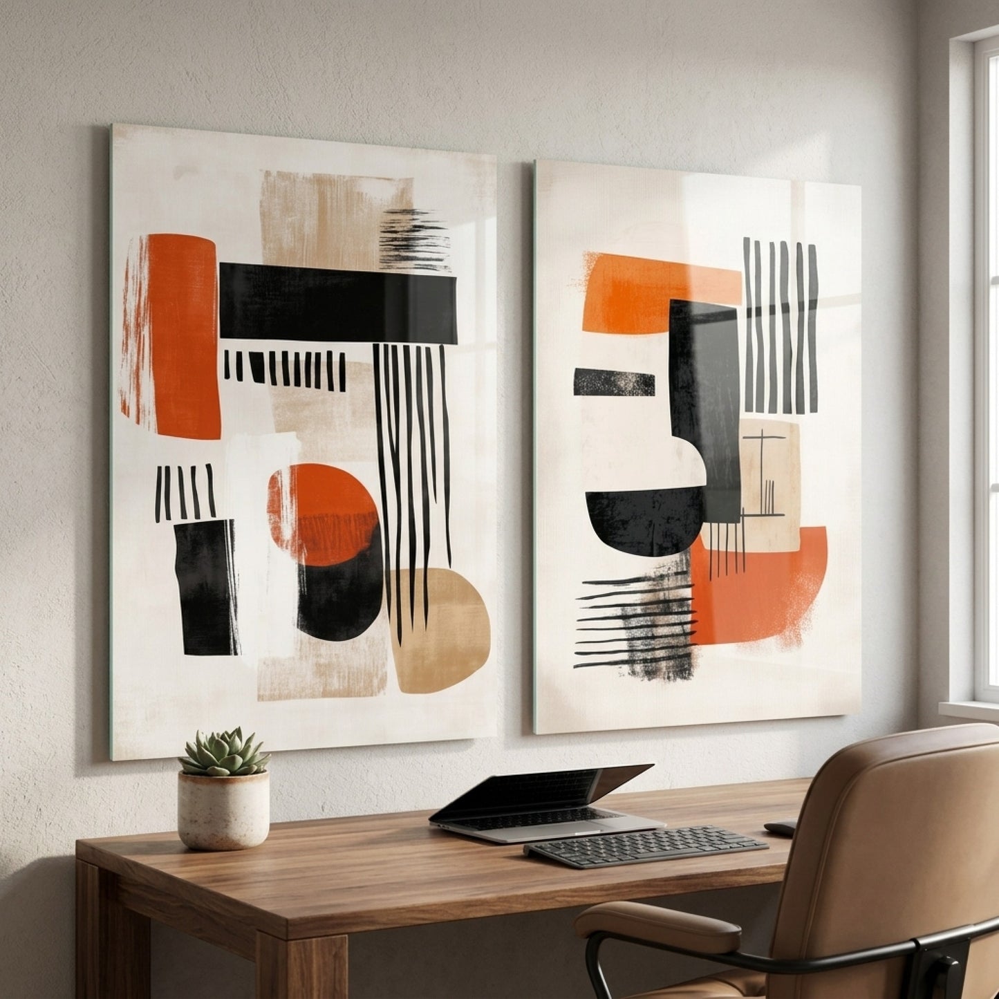 Turuncu Siyah Minimalist Modern Soyut İkili Set Dikey 2'li Set Cam Tablo